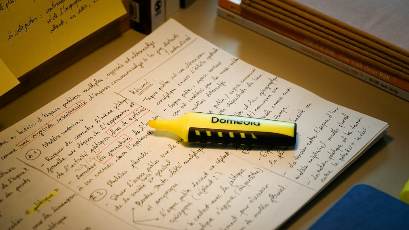 A yellow highlighter resting on handwritten notes